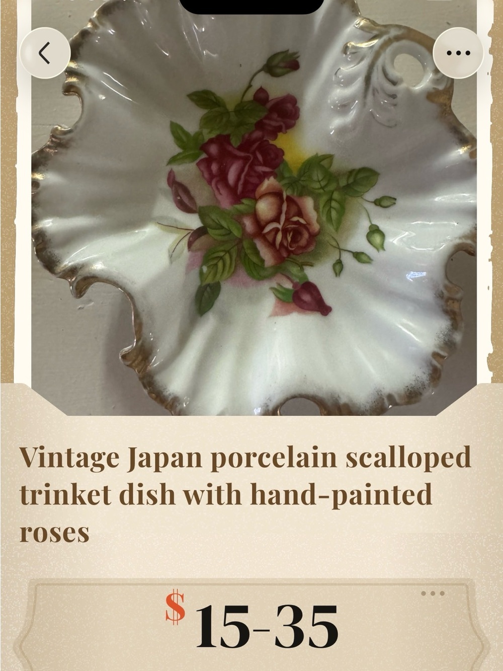 Vintage Porcelain Scalloped Trinket Dish with Hand-Painted Pink Roses